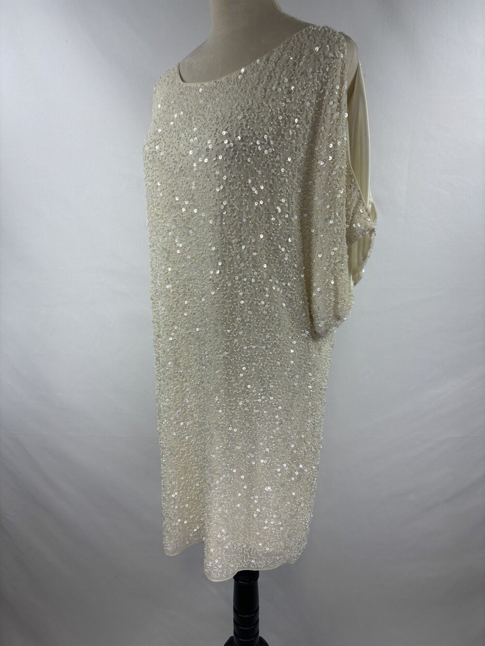 Aidan Mattox Sequin Cocktail Dress Cream Ivory 10 Cold Shoulder Silk Lined